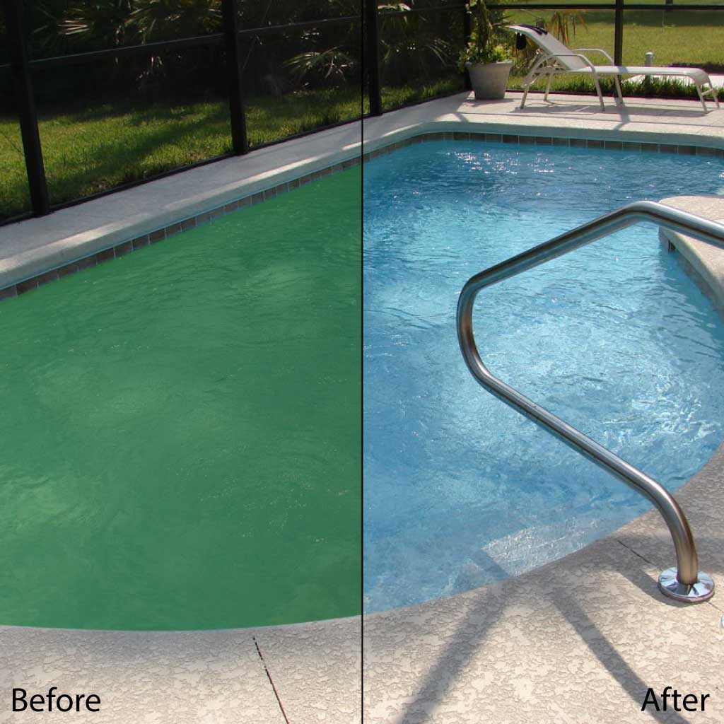 A side-by-side comparison of a green pool and the same pool with clean blue water.