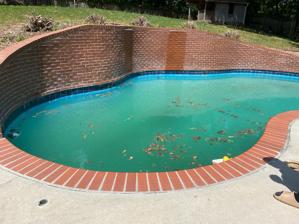 A dirty swimming pool with green water.